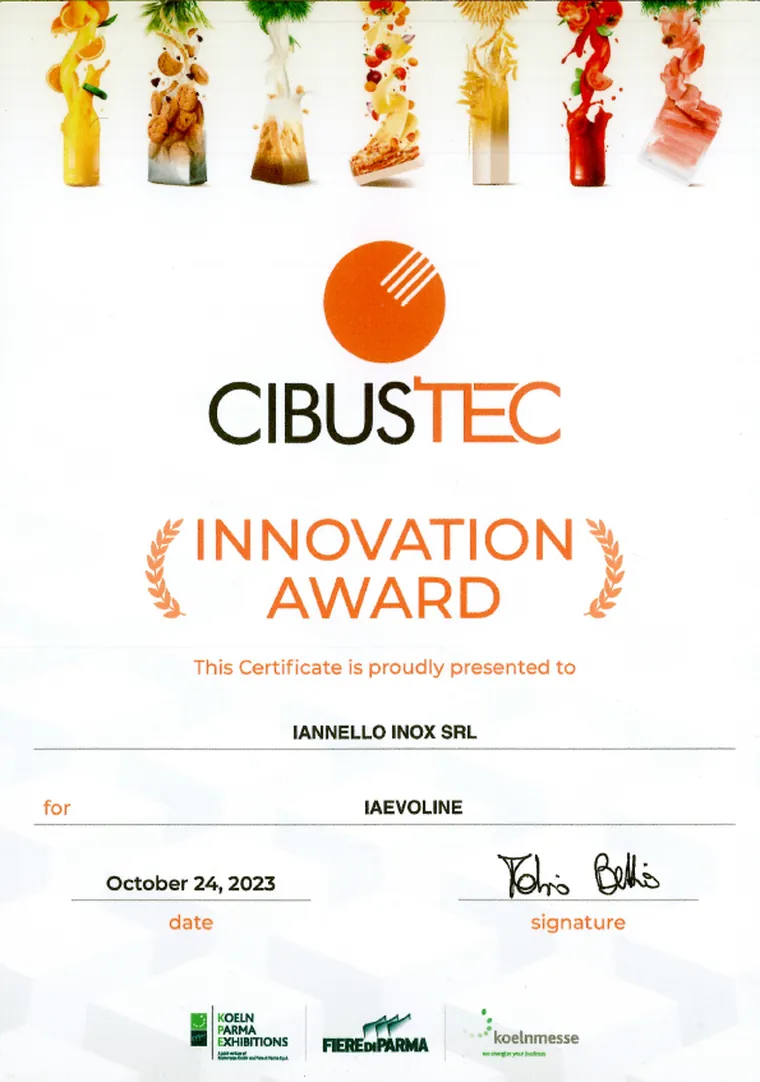 شهادة Cibus Tec Innovation Award 2023 الممنوحة لـ IANNELLO INOX عن IAEVOLINE